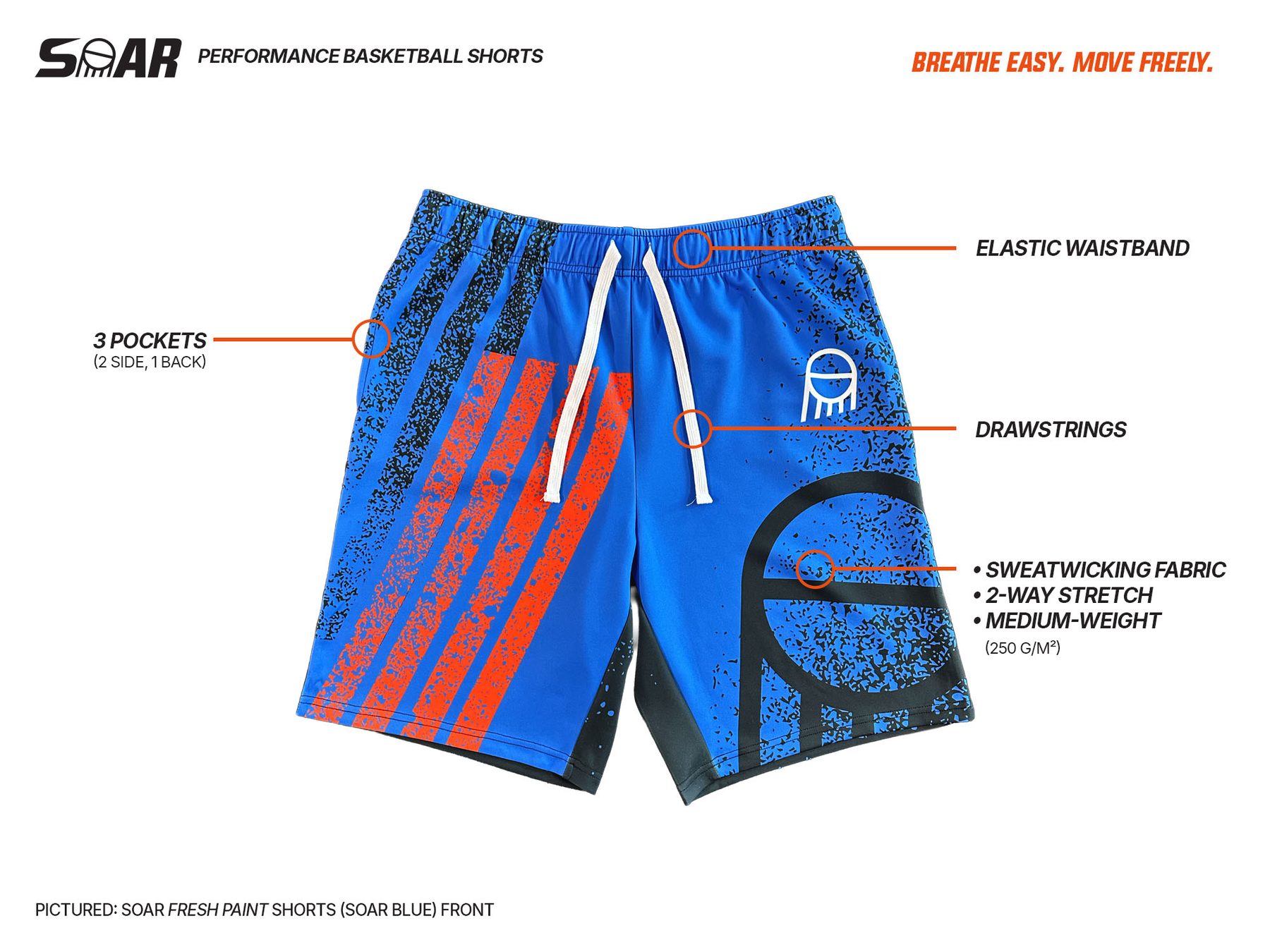 SOAR performance basketball shorts front view with callouts: elastic waistband, drawstrings, three pockets, sweat-wicking two-way stretch fabric at 250 g/m²
