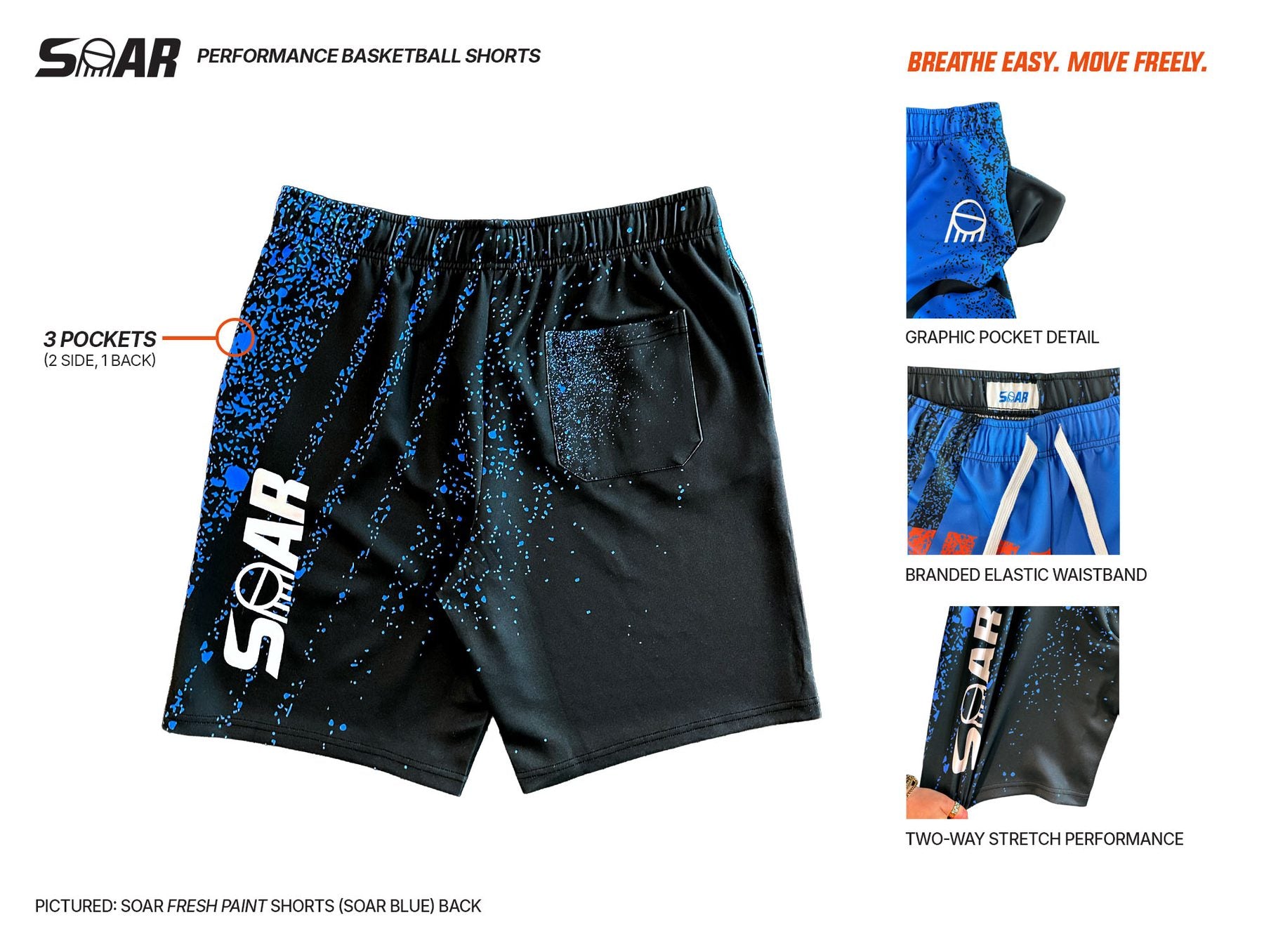 SOAR performance basketball shorts back view with callouts: three pockets, graphic pocket detail, branded elastic waistband, two-way stretch performance