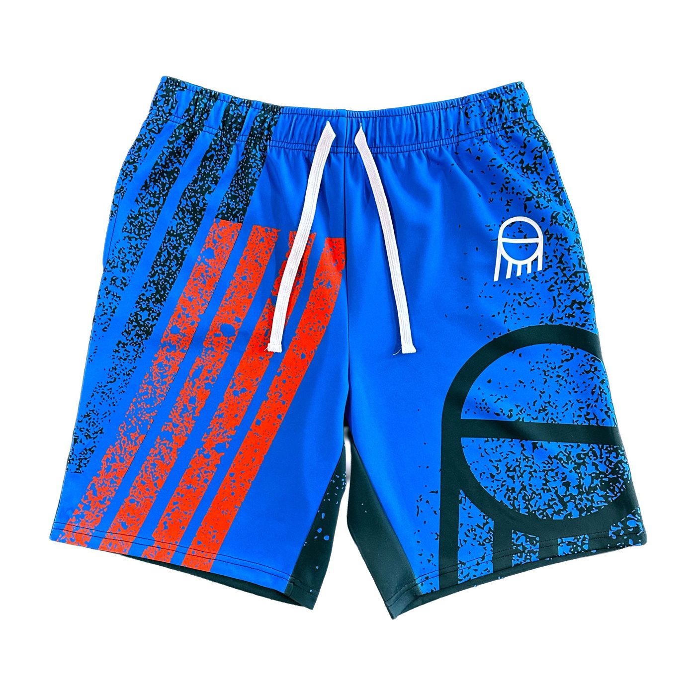 Fresh Paint Shorts in SOAR Blue — blue and orange splatter basketball shorts